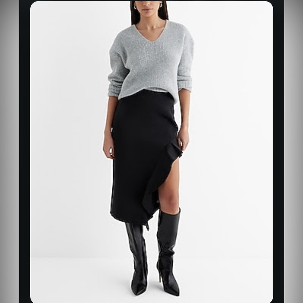 NWT EXPRESS SUPER HIGH WAISTED SATIN RUFFLE SIDE SLIT MIDI SKIRT